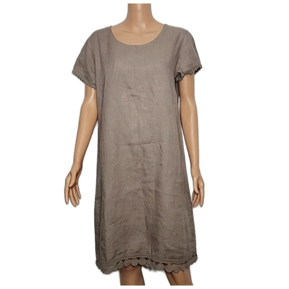 Bellambia Womens Size L 100% Linen Shift Dress Taupe Brown Crochet Eyelet Italy - Picture 1 of 10